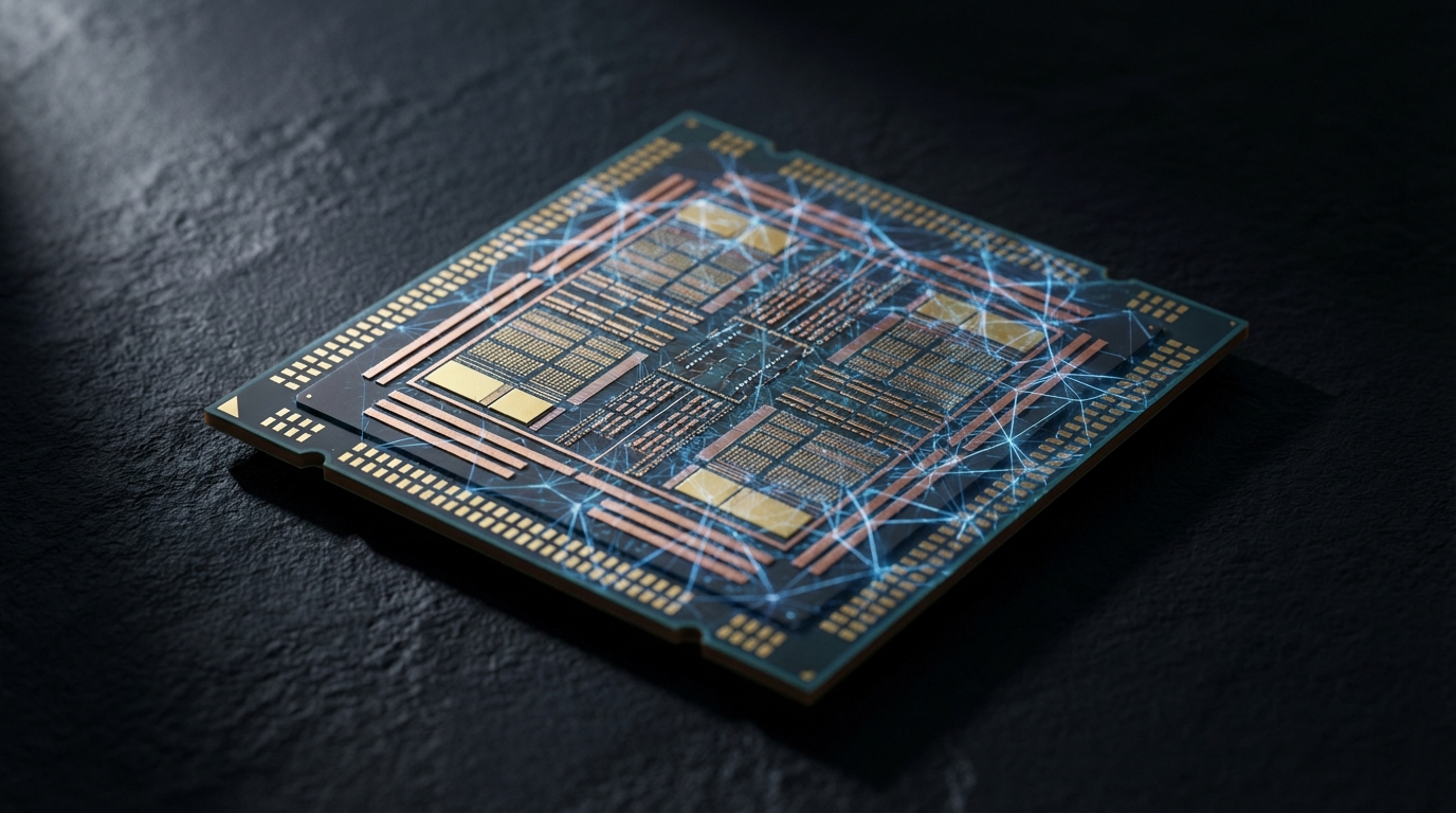 A modern chip under AI network overlays