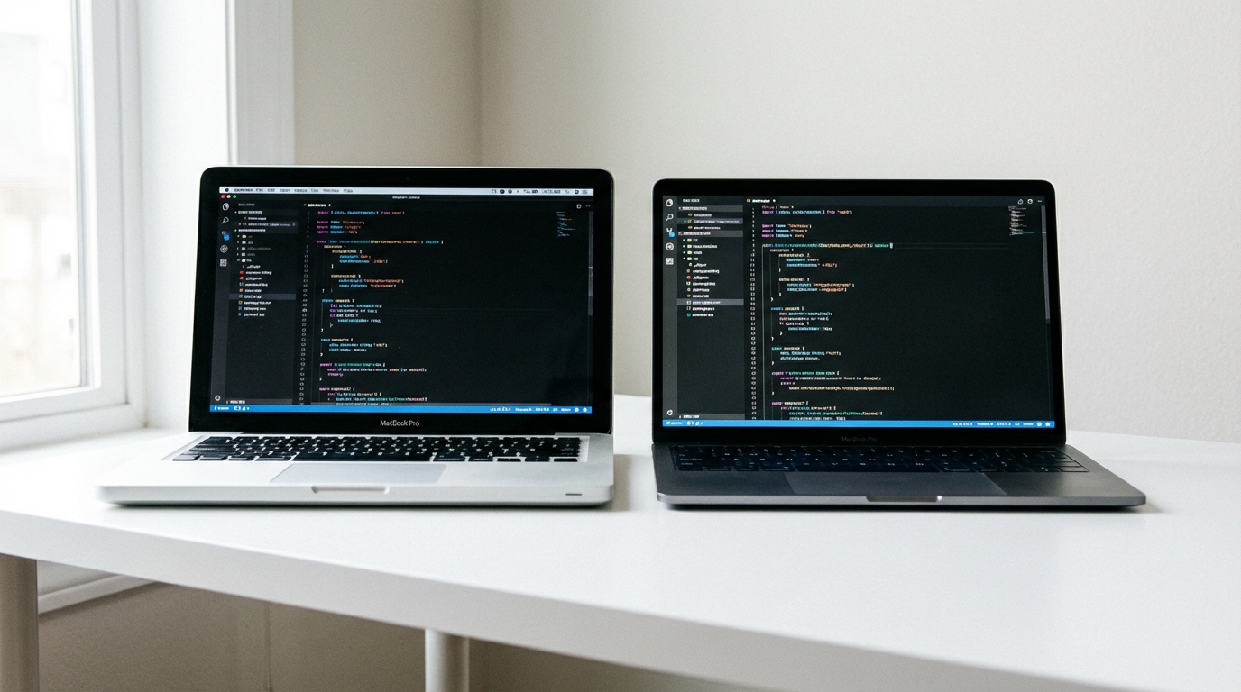 Two laptops side-by-side running different generations of software