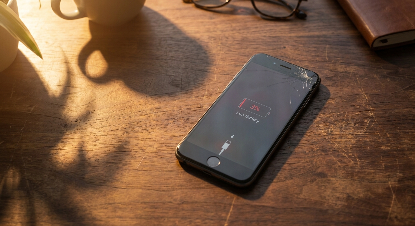 A phone at 3% battery on a worn desk